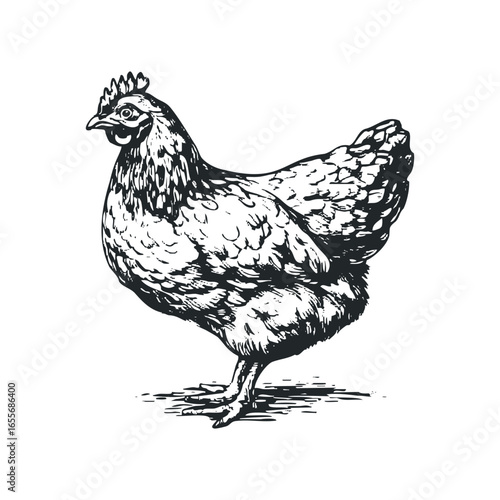 Line art drawing of a chicken in profile view