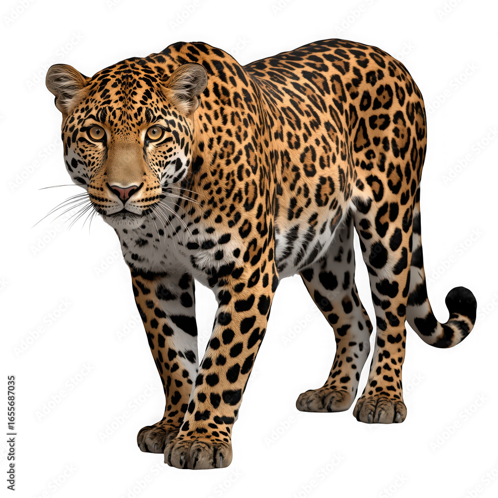 Fototapeta premium A powerful jaguar with distinctive spotted fur walks forward, isolated on a transparent background