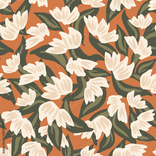 Simple, hand painted feather like flowers as a beautiful botanical flowerbed in colors of off white, cream and green on brown background. Floral seamless vector pattern. Great for home decor, fabric.