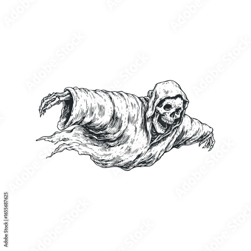 Grim Reaper Character in Dynamic Pose with Flowing Robes and Skull Face