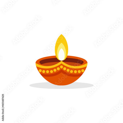 Illustration of a traditional Diwali oil lamp, terracotta color, with a bright yellow flame, isolated on a white background.