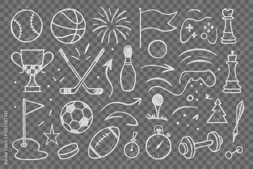 Collection of diverse hand drawn sport equipment and game elements for creative illustration project with chess baseball basketball and soccer balls isolated doodle sketch vector