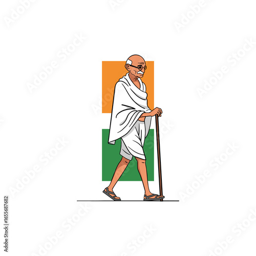 Illustration of Mahatma Gandhi walking with a cane in front of the Indian flag colors, wearing traditional clothing and glasses.