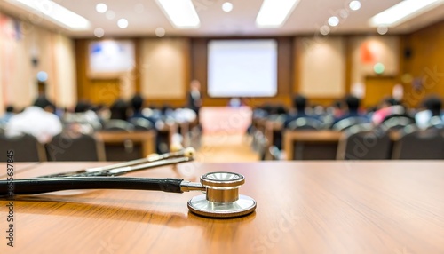 Stethoscope on a table in a blurry conference room