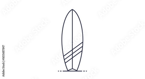Clean and minimalist line art illustration of an upright surfboard, symbolizing water sports, beach activities, and the adventurous spirit of surfing.
