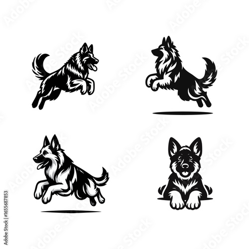German Shepherd Dog Icons Set, Isolated Vector Illustrations
