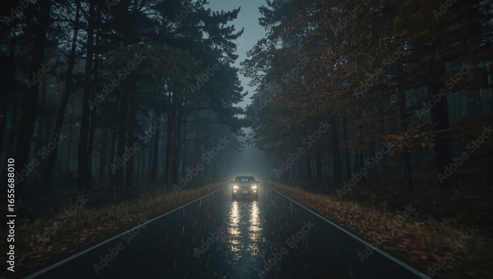 Fototapeta premium Driving through a rainy forest road at dusk