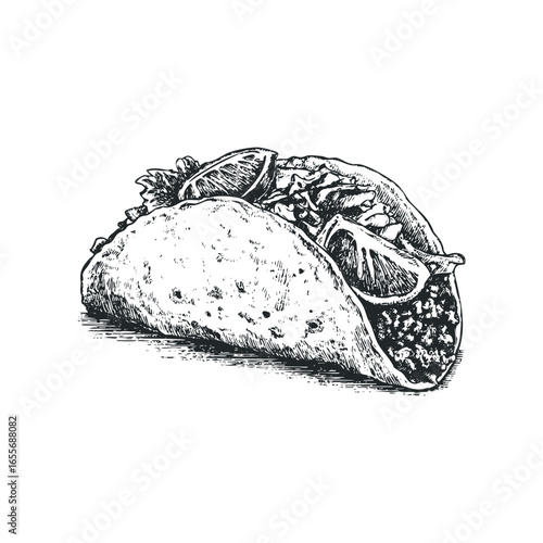 Hand-drawn sketch of a savory taco filled with lettuce and lime wedges