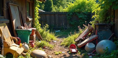 Sun-Drenched Backyard Overflowing with Discarded Items A Scene of Neglect and Forgotten Toys