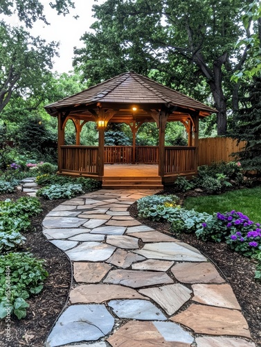 Illuminated Gazebo and Stone Pathway in a Lush Garden.