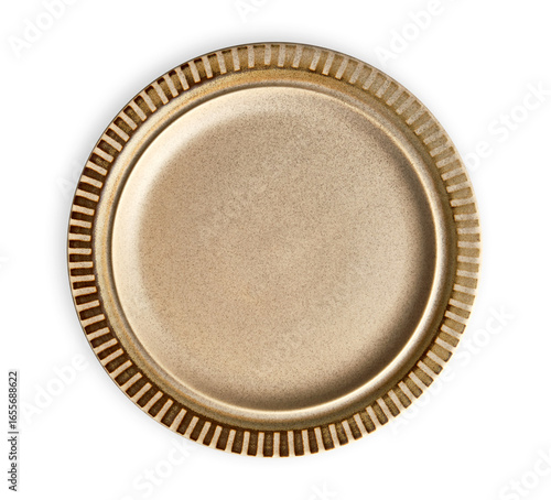 Empty ceramic plate with stripe pattern edge, Brown plate with dark brown rim, View from above isolated on white background with clipping path  