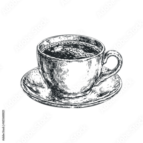 Ink sketch of a coffee cup and saucer with foamy beverage