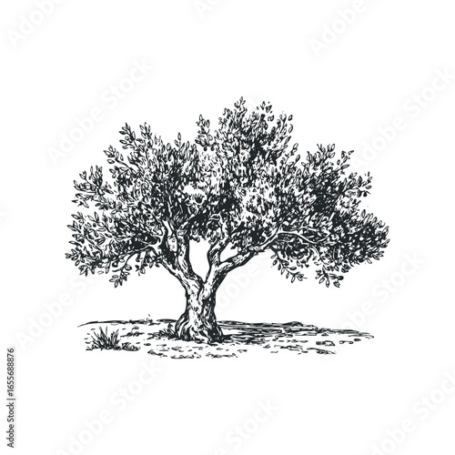 Sketch of a Mature Olive Tree with Textured Trunk and Leafy Canopy