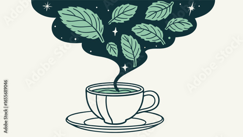 Mint tea illustration with fresh mint leaves aromatherapy and herbal tea benefits for relaxation and wellness