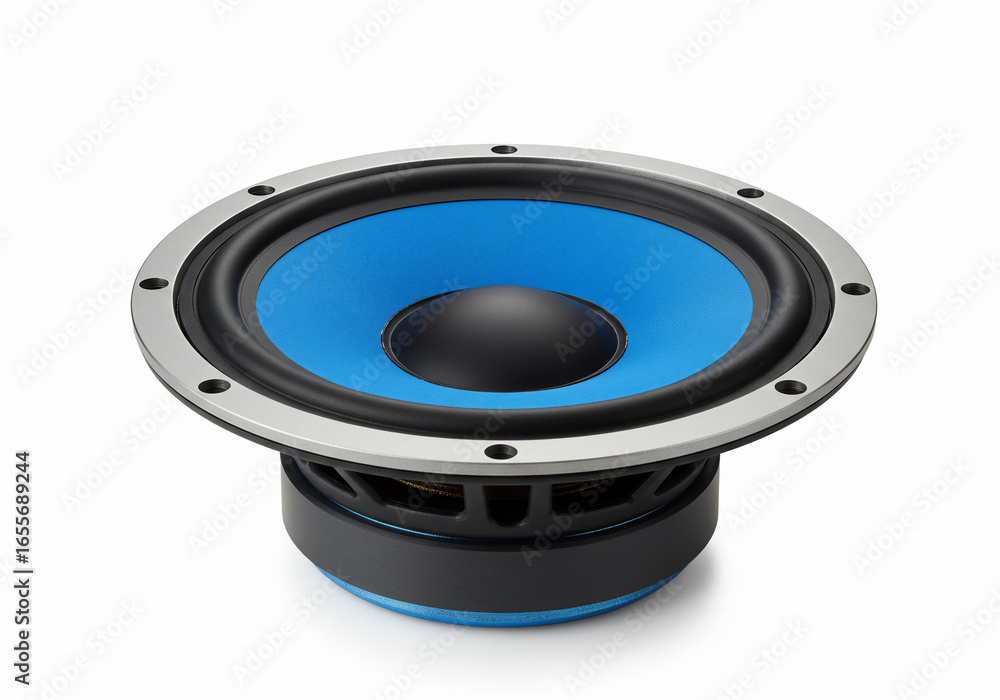 Fototapeta premium A close-up studio shot of a blue and black loudspeaker driver with a silver frame, isolated on a white background.