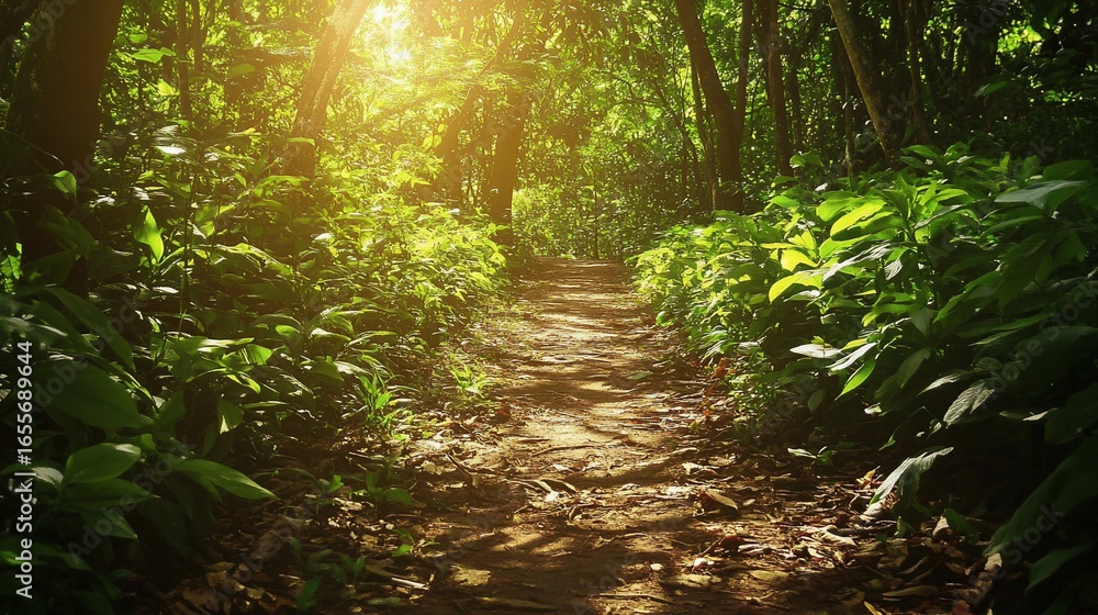 Fototapeta premium Sun-Kissed Forest Path with Lush Vegetation, an invitation for outdoor exploration