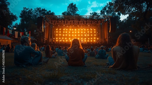 Outdoor evening event concert stage bathed in golden light, audience seated on lawn