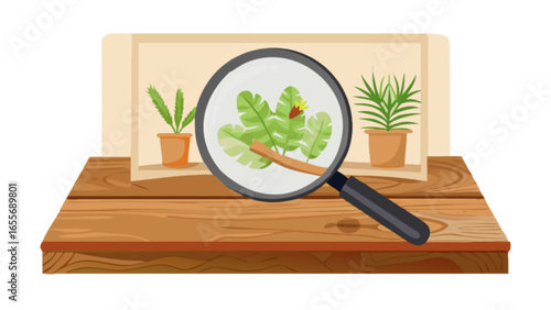 Botanical investigation magnifying glass plant study nature exploration scientific discovery detailed analysis