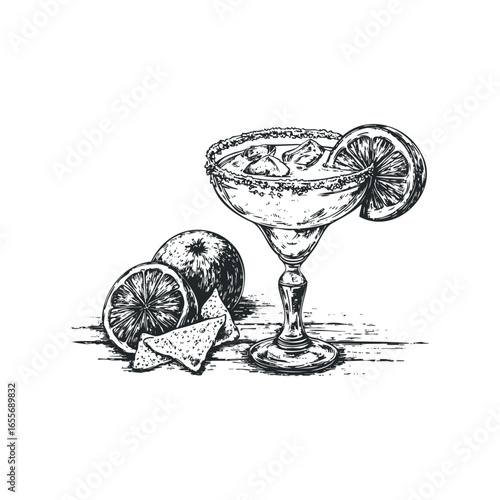 Sketch of a salt-rimmed cocktail with ice, lime slices, and orange