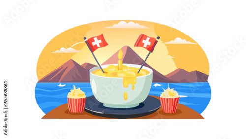 Delicious swiss cheese fondue with cupcakes and flags in a beautiful mountain landscape view