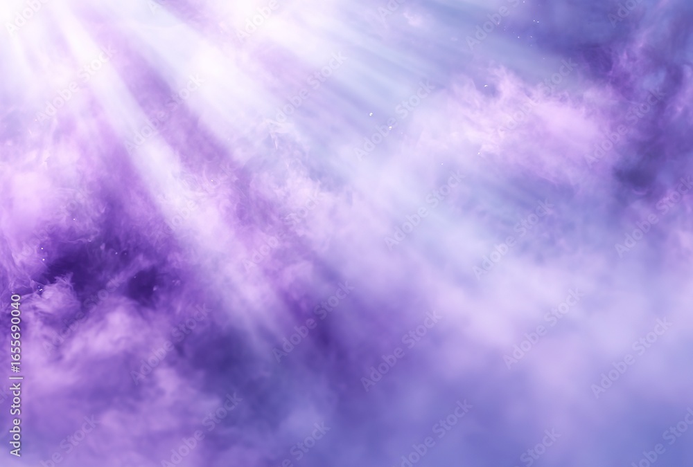 Fototapeta premium A blurred background of white and purple smoke, with light rays shining through the clouds
