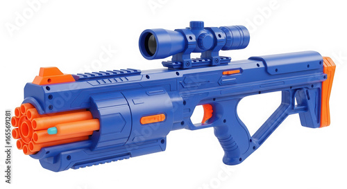 Blue and orange toy gun with scope isolated on transparent background