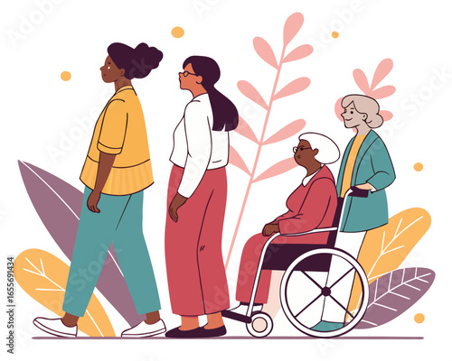 People Diversity Vector Illustration Showcasing Inclusive Representation Across Ages, Skin Colors, and Abilities