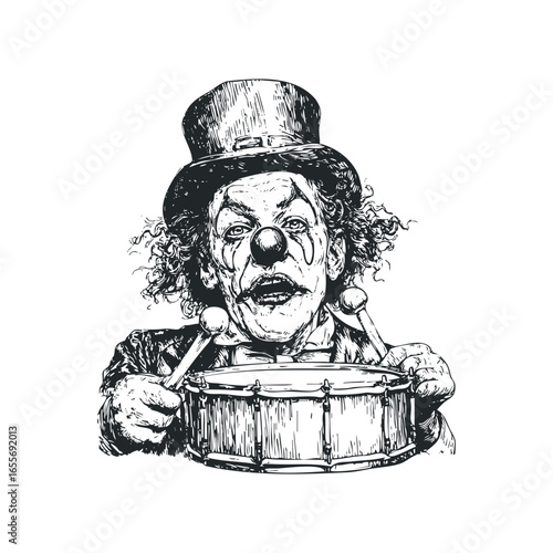 Distressed Clown with Top Hat Playing Drum in Sketch Style