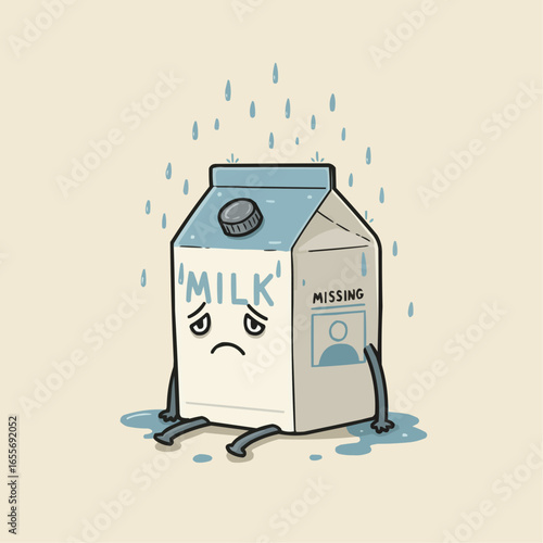 A sad carton of milk is depicted with rain falling, and a missing person label.
