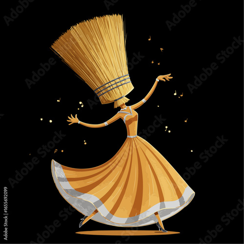 An illustration of a woman with a broom head, wearing a yellow dress, dancing on a black background with sparkles.