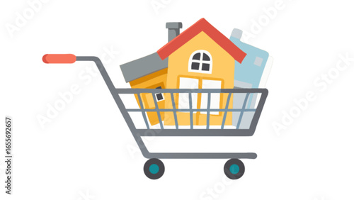 Shopping cart full of houses real estate investment property purchase home buying and selling concept design