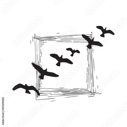 Vector art of a flock of birds flying out of a scratched square, symbolizing freedom and escape from confinement in the sky