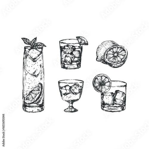 Collection of Refreshing Cold Drinks with Citrus and Mint