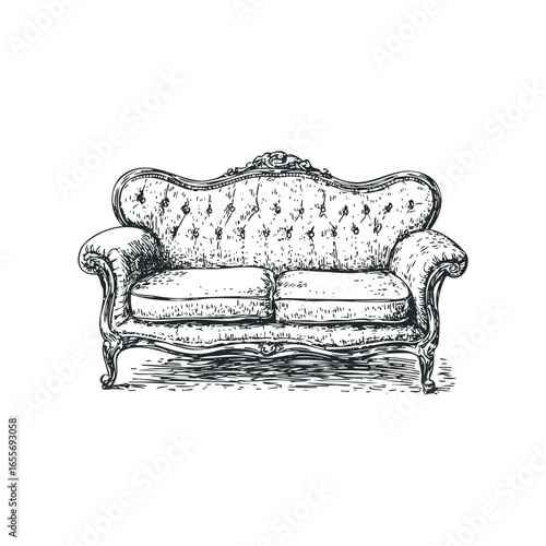 Detailed Sketch of an Antique Tufted Sofa with Ornate Carved Wood Legs