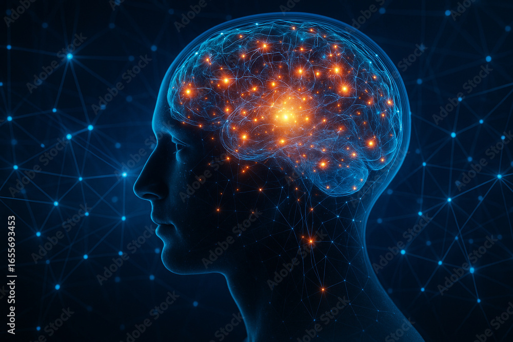 AI generated futuristic conceptual art of human side profile with transparent head glowing brain full of light nodes and neural connections symbolizing intelligence data flow creativity AI generated futuristic conceptual art of human side profile with transparent head glowing brain full of light nodes and neural connections symbolizing intelligence data flow creativity