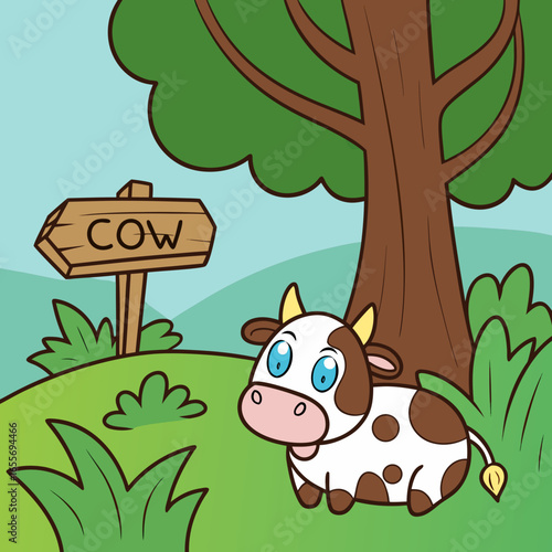 cartoon cow and a tree