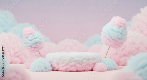 Pastel pink and blue cotton candy clouds with a central display podium