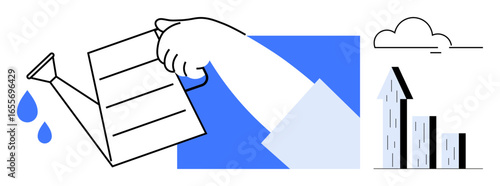 Hand holding watering can nurturing abstract graph bars with upward arrow under clouds. Ideal for investment, growth, business strategy, financial success, goal achievement, sustainability, simple