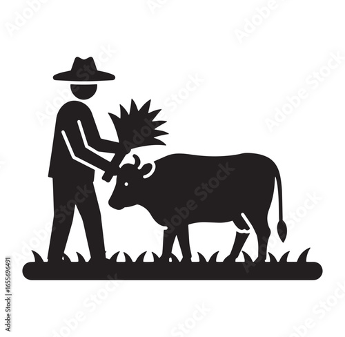 Farmer feeding a cow with grass silhouette illustration for agricultural farm concept design