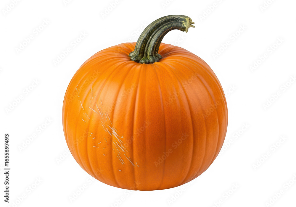 Obraz premium Single orange pumpkin with green stem isolated on transparent background