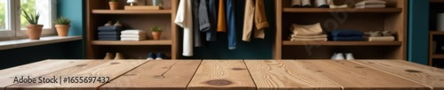 Rustic wooden table, clothing boutique backdrop, space, mockup, advertising