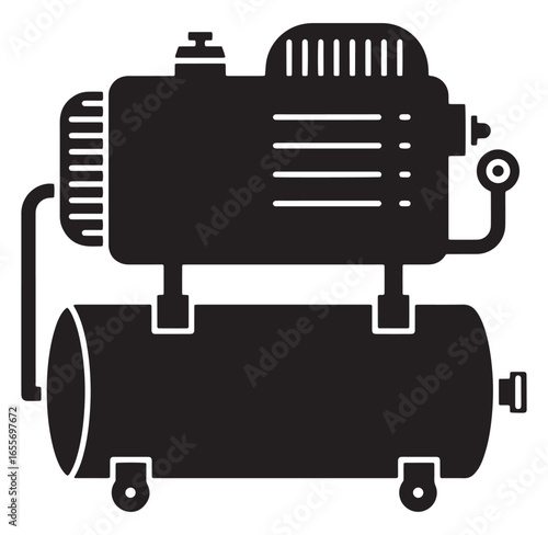 Detailed black and white illustration of an industrial air compressor machine equipment