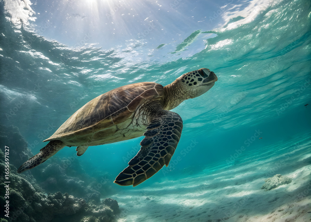 Obraz premium Underwater Turtle's Journey: An amazing view of a sea turtle gracefully gliding through the crystal-clear waters, bathed in sunlight. A captivating glimpse into the aquatic realm.