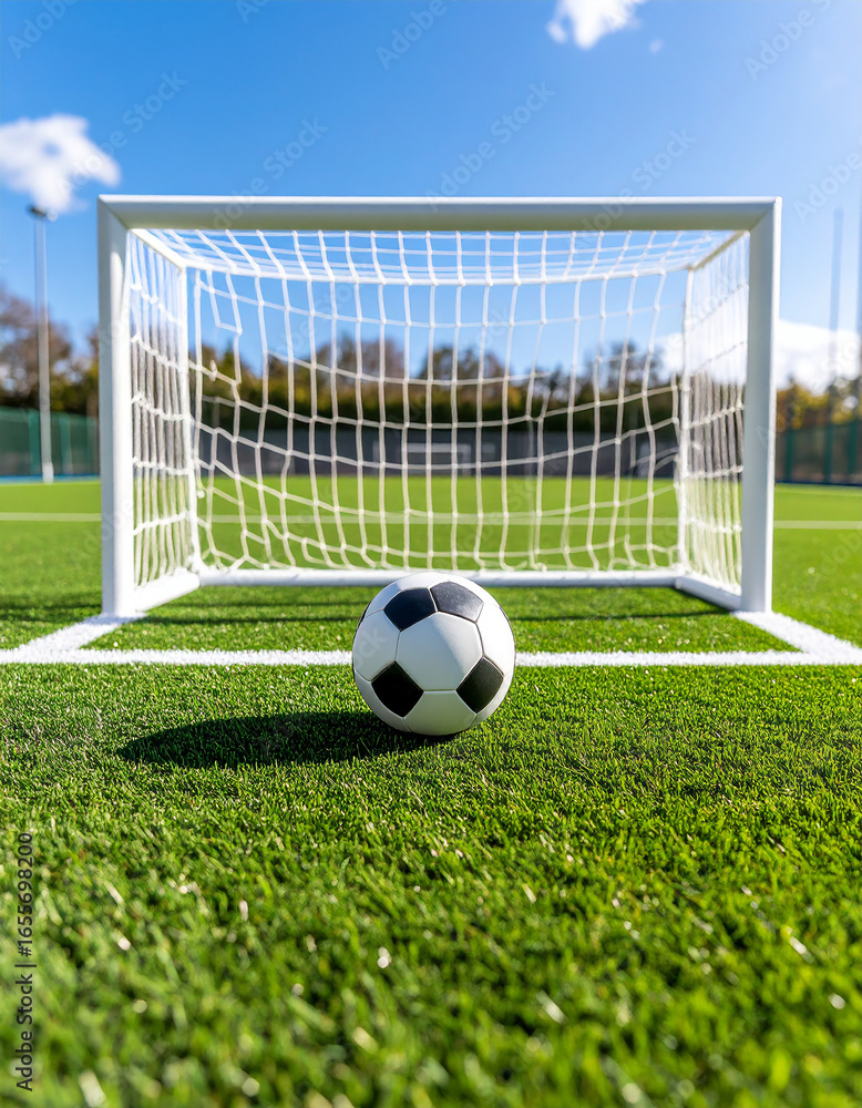 Fototapeta premium Mini soccer field with green turf, small goals, and a ball ready for the match