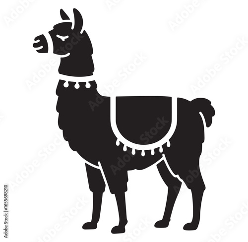 Elegant silhouette illustration of a decorated llama with a saddle in black and white