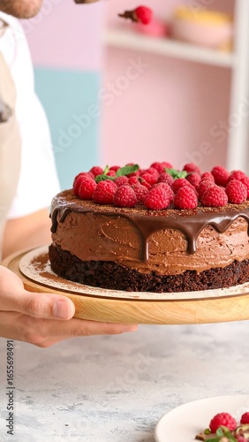 Man holding a chocolate raspberry cake