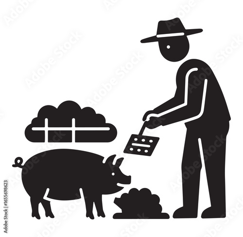 Farmer feeding a pig on the farm with a shovel in simple vector style illustration