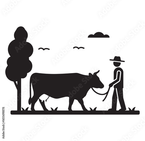 Farmer walking a cow in a field simple black and white vector illustration