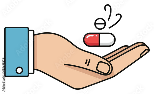 Hand holding a red and white capsule with a small round pill above it.