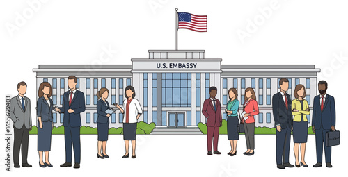 Diverse Group of Professionals Outside US Embassy